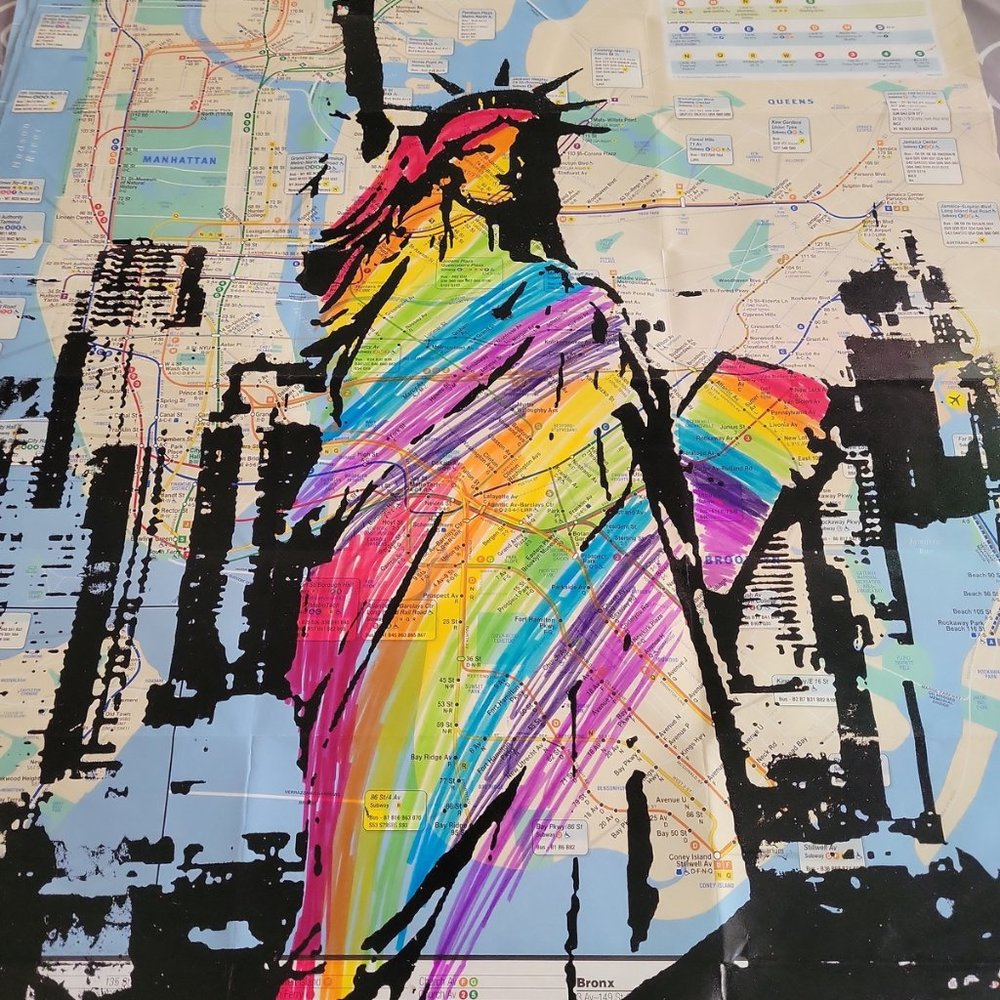 Rare Acrylic Handpainted Statue of Liberty Art on a NYC Subway Map Lady Liberty - Picture 5 of 7